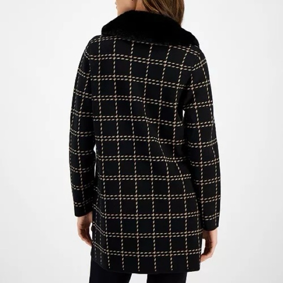 ANNE KLEIN Faux Fur Detachable Collar Plaid Knit Coat, Womens size Small - Picture 15 of 16